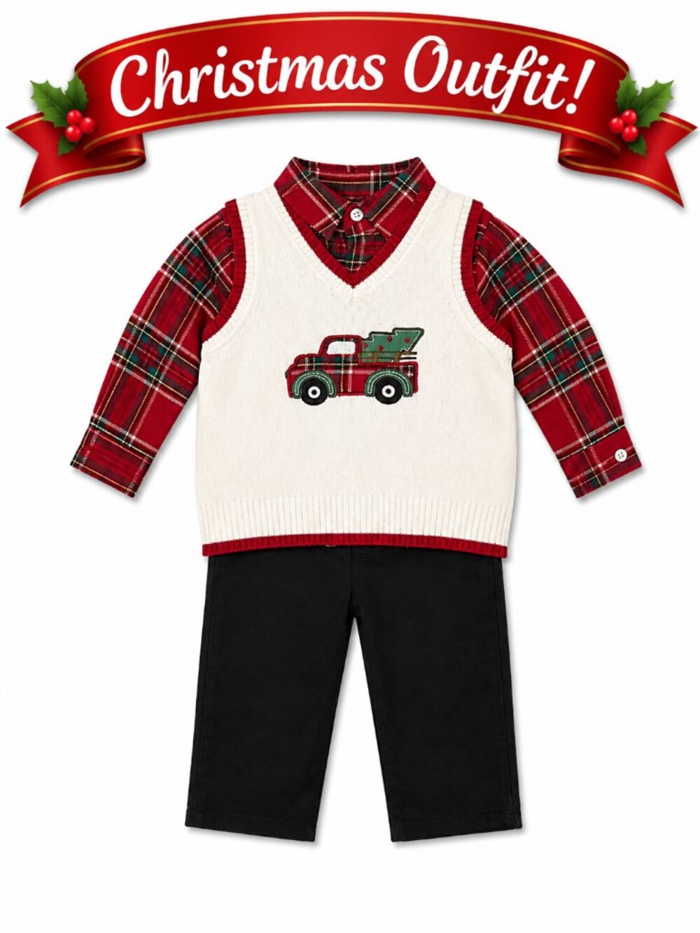 NWT Baby Essentials 3-Piece Baby Boy Christmas Outfit Plaid Truck